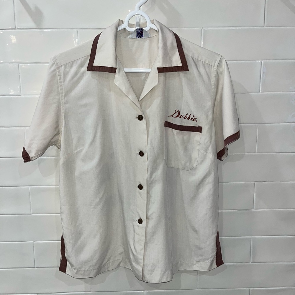 Vintage Embroidery Women's 60's Bowling Shirt Japan Pizza House Okinawa Debbie